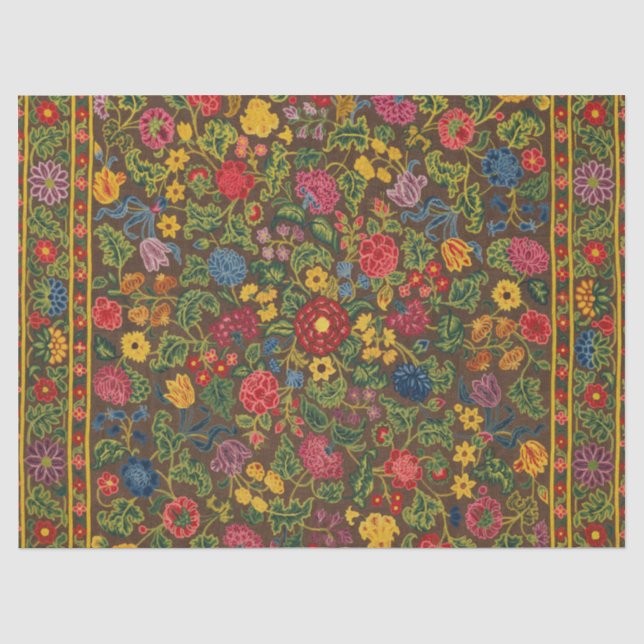 Vintager, blumenbestickter Teppichboden, lebhafte  Seidenpapier (Vorderseite)