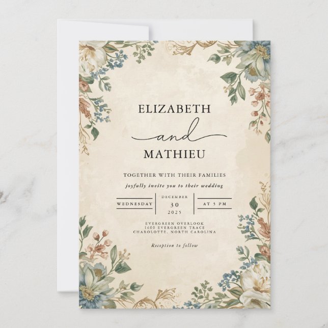 Vintager Blumenbogen Blüh Hochzeit Einladung (Vorderseite)