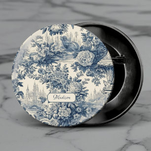 Vintager Blumenchic Blue Toile de jouy Monogram Button