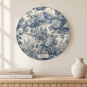 Vintager Blumenchic Blue Toile de jouy Monogram Dartscheibe