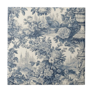 Vintager Blumenchic Blue Toile de jouy Monogram Fliese