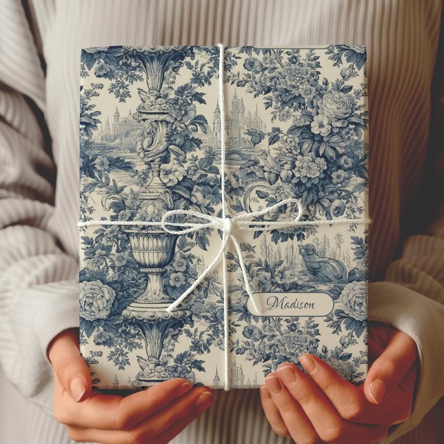 Vintager Blumenchic Blue Toile de jouy Monogram Geschenkpapier Set (Von Creator hochgeladen)