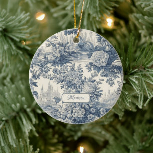 Vintager Blumenchic Blue Toile de jouy Monogram Keramik Ornament