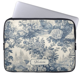 Vintager Blumenchic Blue Toile de jouy Monogram Laptopschutzhülle