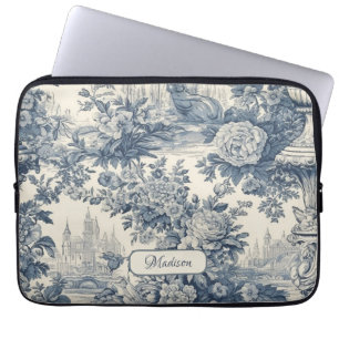 Vintager Blumenchic Blue Toile de jouy Monogram Laptopschutzhülle