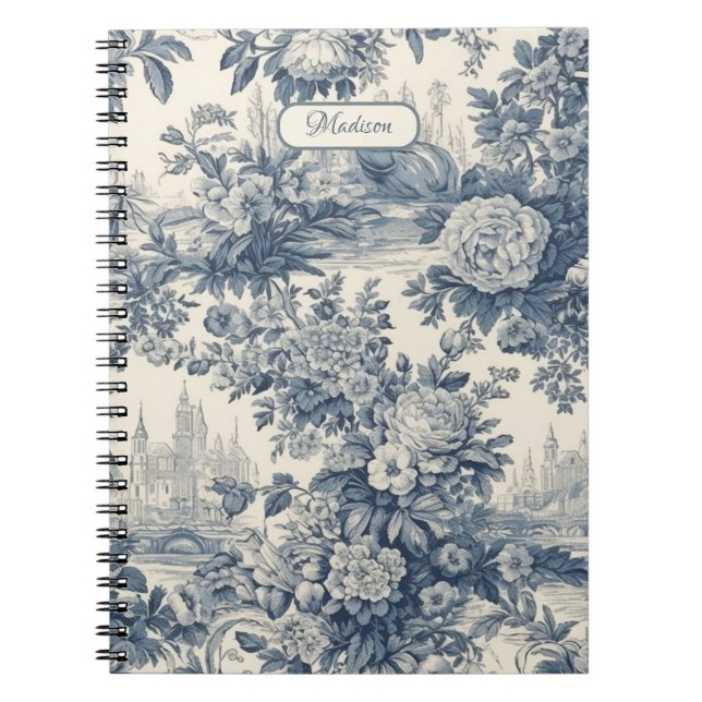 Vintager Blumenchic Blue Toile de jouy Monogram Notizblock (Vorderseite)