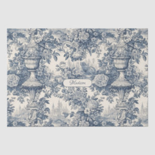 Vintager Blumenchic Blue Toile de jouy Monogram Seidenpapier