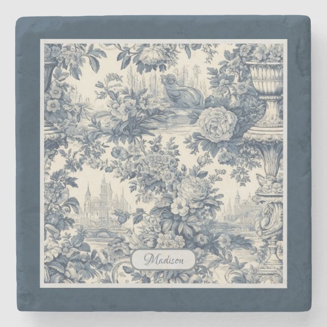 Vintager Blumenchic Blue Toile de jouy Monogram Steinuntersetzer (Vorderseite)
