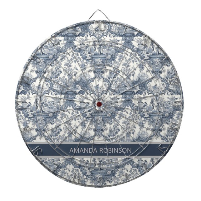 Vintager Blumendamast Blauer Toile de jouy Monogra Dartscheibe (vorne)