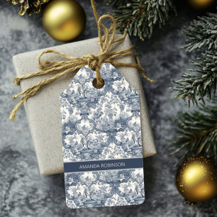 Vintager Blumendamast Blauer Toile de jouy Monogra Geschenkanhänger