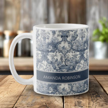 Vintager Blumendamast Blauer Toile de jouy Monogra