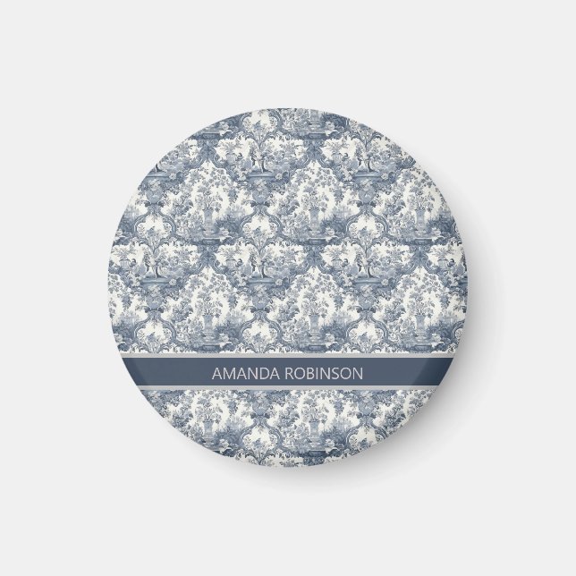 Vintager Blumendamast Blauer Toile de jouy Monogra Magnet (Vorne)