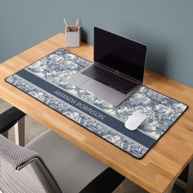 Vintager Blumendamast Blauer Toile de jouy Monogra Schreibtischunterlage (Büro 2)