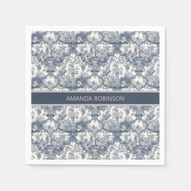 Vintager Blumendamast Blauer Toile de jouy Monogra Serviette (Vorderseite)