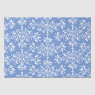 Vintager BlumenDamast Weiß und Cornblumenblau Seidenpapier