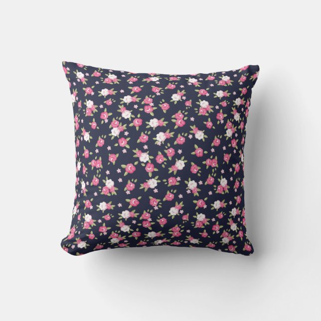 Vintager Blumendruck in Navy und Rosa Kissen (Vorderseite)