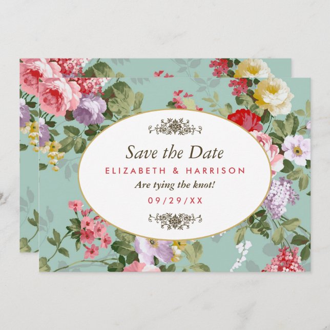 Vintager Blumengarten Botanisches Save the Date (Vorne/Hinten)