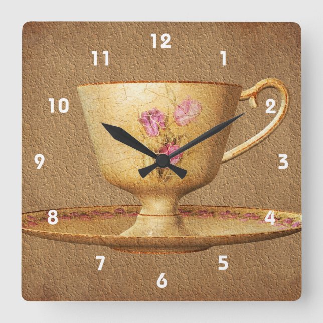 Vintager Blumenkohl und Saucer Quadratische Wanduhr (Vorderseite)