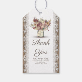 Vintager Blumenmason Jar und rustikale Burlap Lace Geschenkanhänger