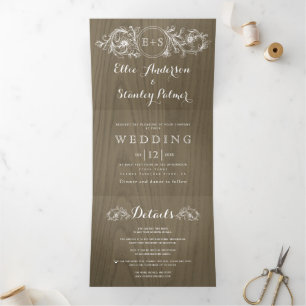 Vintager Blumenrahmen, Hochzeit aus graubraunem Ho Dreifach Gefaltete Einladung