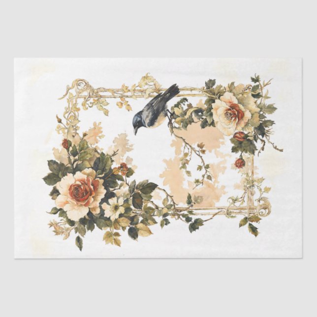 Vintager Blumenrahmen mit Vogel Seidenpapier (Vorderseite)