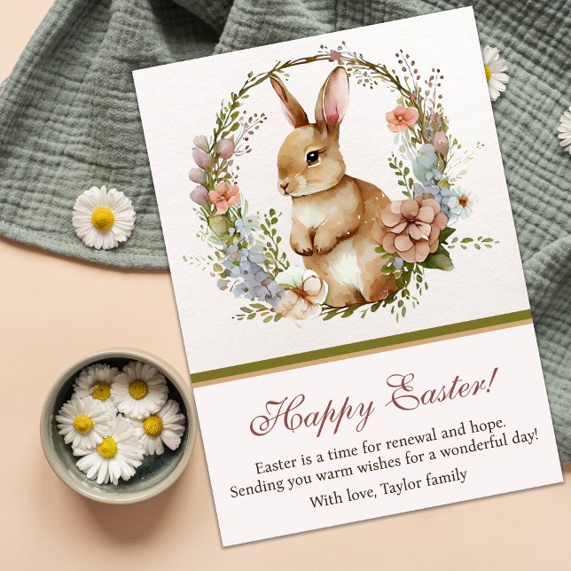 Vintager Blumenreath Bunny Happy Oaster Feiertagskarte (Von Creator hochgeladen)