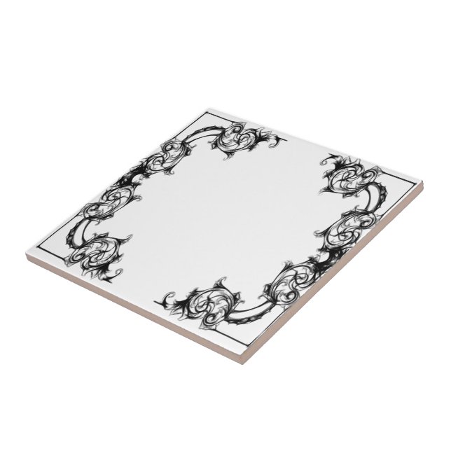VINTAGER BLUMENschwarzweiss-DAMAST Fliese (Seite)