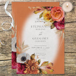 Vintager Blumenstrauch & Fuchsia Hochzeitsempfang Einladung<br><div class="desc">Das Design der Vintage Hochzeitseinladung zeichnet sich durch schöne Fuchsien,  Gold,  Rost,  Weiß und pfirsichfarbene Eckarrangements mit trockenem Gräser auf einem bedrückten,  verbrannten orangen und weißen Hintergrund aus. Diese Schmucktöne sind perfekt für Sommer und Hochzeiten im Herbst. Erstellt von der einfachen Farmhouse Press.</div>