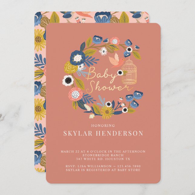 Vintager Blumenstrauß Birdcage Mama & Baby Bird Einladung (Vorne/Hinten)