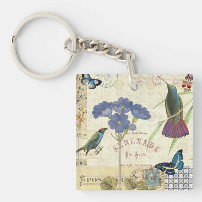Vintager Blumenstrauß der Blumen, der Vögel und Schlüsselanhänger (Vorderseite)