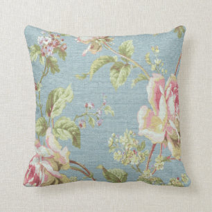 Vintager Blumenthrow-Kissen-Rosa Blumen auf Blau Kissen