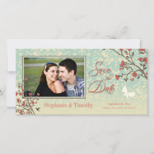 Vintager Blumenvogel + Damast Save the Date Foto