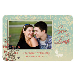 Vintager Blumenvogel + Damast Save the Date Foto Magnet