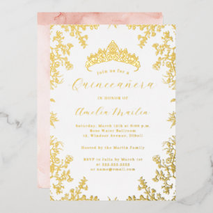 Vintager Blütenschwarm Weiße Goldene Quinceanera Folieneinladung