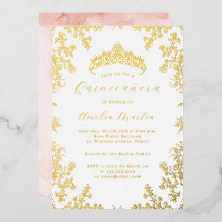 Vintager Blütenschwarm Weiße Goldene Quinceanera Folieneinladung