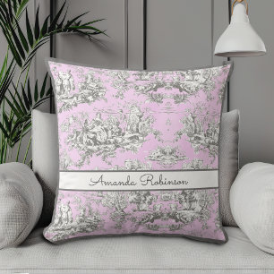 Vintager Blütensee Rosa Toile de jouy Monogramm Kissen