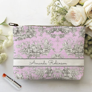 Vintager Blütensee Rosa Toile de jouy Monogramm Zubehörtasche