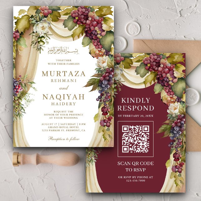 Vintager Boho Grapes Arch QR Code muslimische Hoch Einladung (Von Creator hochgeladen)