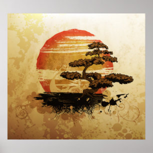 Vintager Bonsais-Sonnenuntergang Poster