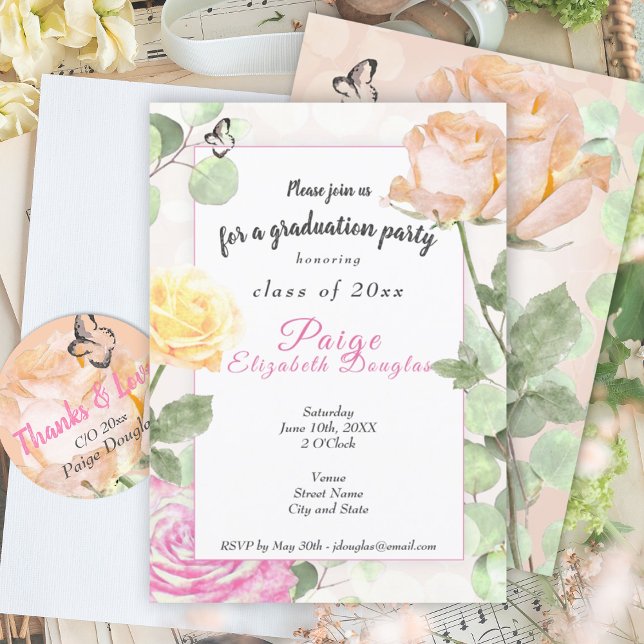 Vintager botanischer Dusty Peach, rosa Abschluss Einladung (floral roses peach pink pastel girls graduation party invitation botanical girlie grad congrats)