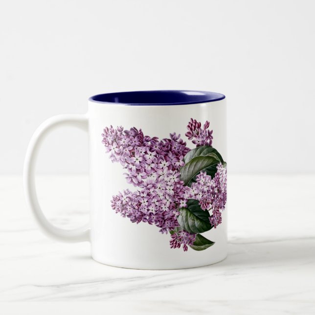 Vintager botanischer Flieder-Blumen-Tee Zweifarbige Tasse (Links)