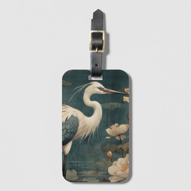 Vintager botanischer Kranich und Lotus Gepäckanhänger (Vorderseite Vertikal)