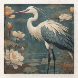 Vintager botanischer Kranich und Lotus Glasuntersetzer