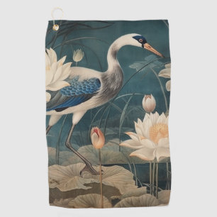 Vintager botanischer Kranich und Lotus Golfhandtuch