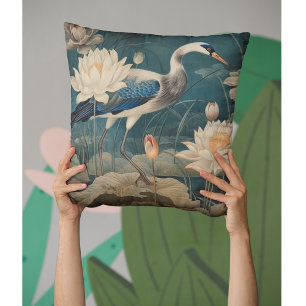 Vintager botanischer Kranich und Lotus Kissen