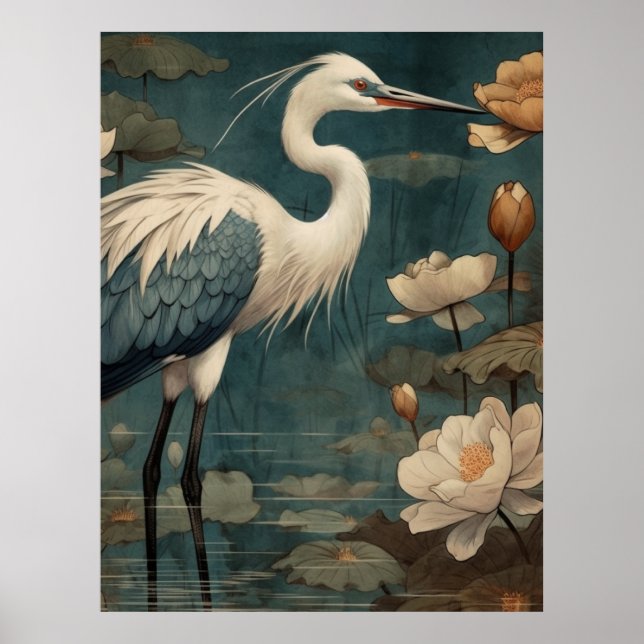 Vintager botanischer Kranich und Lotus Poster (Vorne)