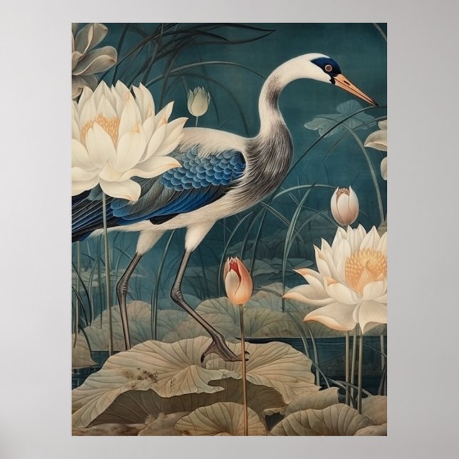 Vintager botanischer Kranich und Lotus Poster (Vorne)