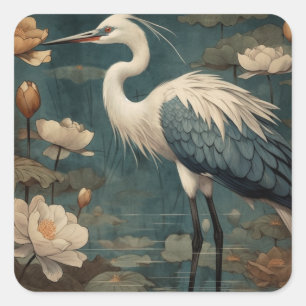 Vintager botanischer Kranich und Lotus Quadratischer Aufkleber