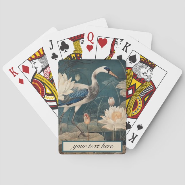 Vintager botanischer Kranich und Lotus Spielkarten (Rückseite)