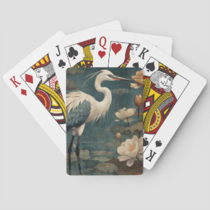 Vintager botanischer Kranich und Lotus Spielkarten